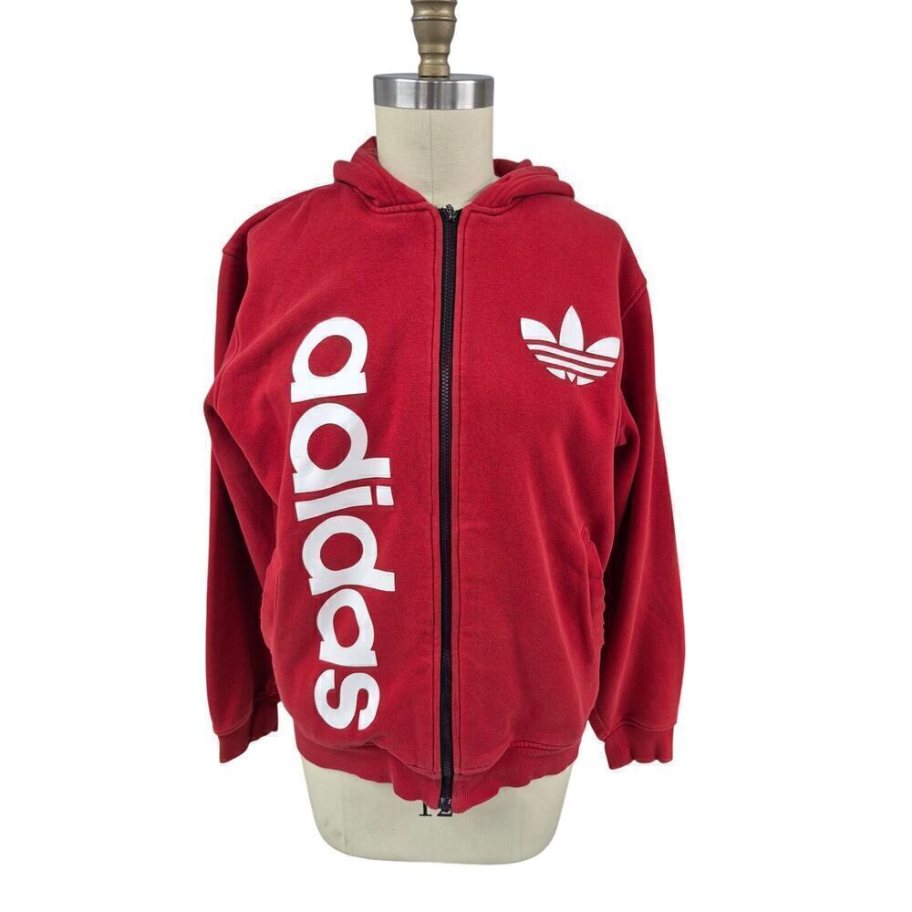 Adidas unisex red zip up hoodie white vinyl vertical logo black zipper Sz M